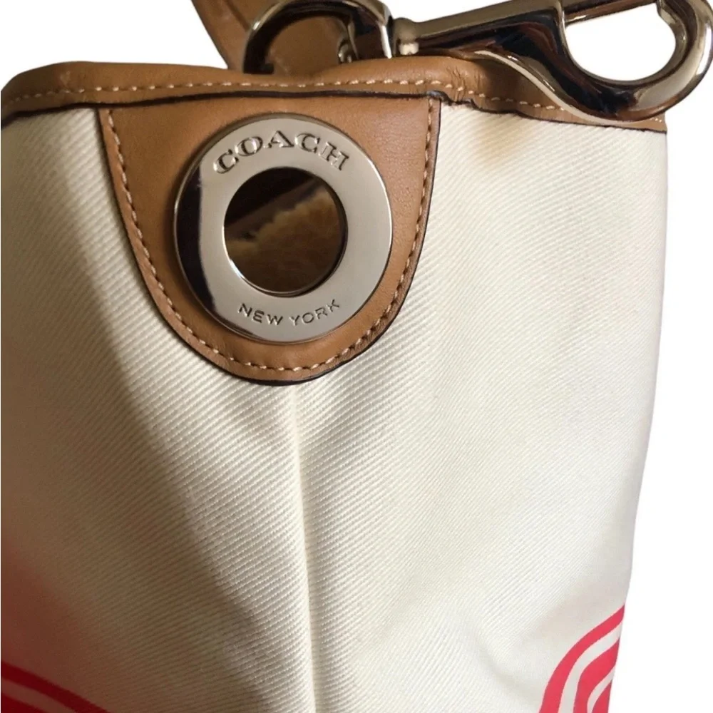COACH Hadley Variegated Coral & Beige Striped Canvas Leather Duffel Tote Bag